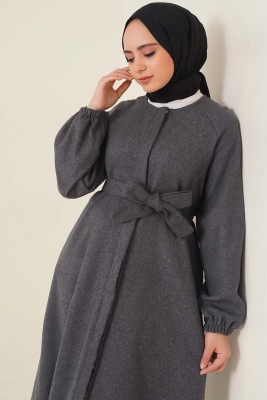 Patlı Düğmeli Kaşe Kaban Füme - Thumbnail