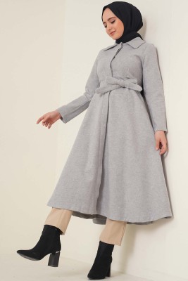 Kuşaklı Gizli Düğmeli Kaban Gri - Thumbnail