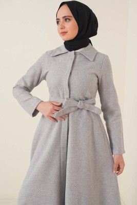 Kuşaklı Gizli Düğmeli Kaban Gri - Thumbnail