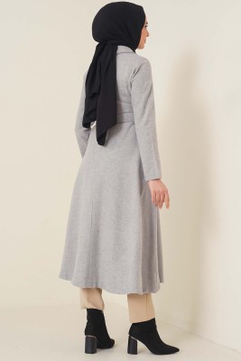 Kuşaklı Gizli Düğmeli Kaban Gri - Thumbnail