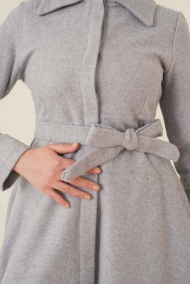 Kuşaklı Gizli Düğmeli Kaban Gri - Thumbnail