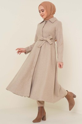 Kuşaklı Gizli Düğmeli Kaban Bej - Thumbnail