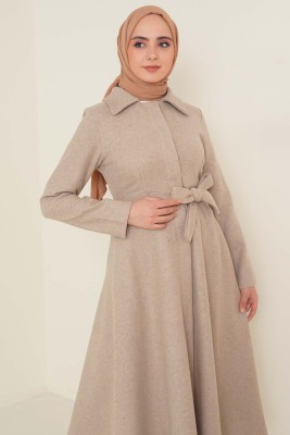 Kuşaklı Gizli Düğmeli Kaban Bej - Thumbnail