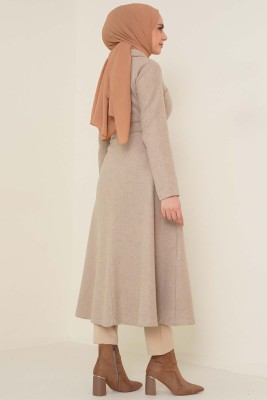 Kuşaklı Gizli Düğmeli Kaban Bej - Thumbnail