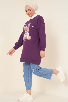 Ayıcık Baskılı Tunik Mor - Thumbnail