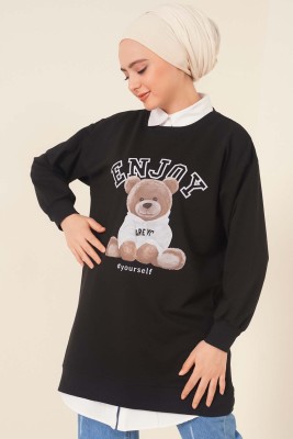 Ayıcık Baskılı Tunik Siyah - Thumbnail