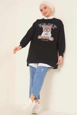 Ayıcık Baskılı Tunik Siyah - Thumbnail