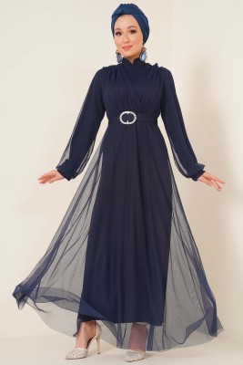 Kruvaze Tül Kemerli Elbise Lacivert - Thumbnail