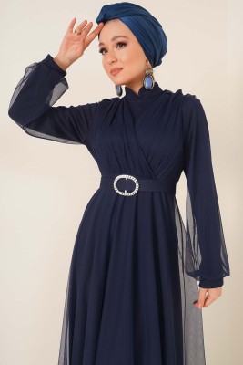 Kruvaze Tül Kemerli Elbise Lacivert - Thumbnail