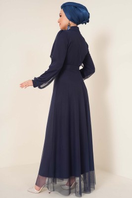 Kruvaze Tül Kemerli Elbise Lacivert - Thumbnail