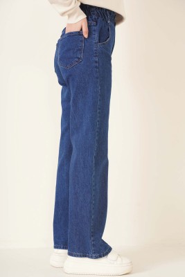 İki Düğmeli Beli Lastikli Pantolon Koyu Mavi - Thumbnail