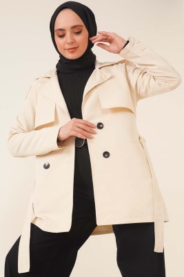 Pazarium - Kruvaze Yaka Kısa Trençkot Bej