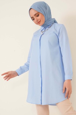 Klasik Yakalı Oval Kesim Mavi Gömlek - Thumbnail