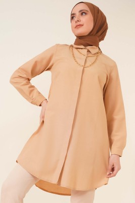 Pazarium - Klasik Yakalı Oval Kesim Latte Gömlek