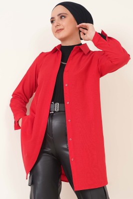 Pazarium - Klasik Yakalı Oval Kesim Bordo Gömlek