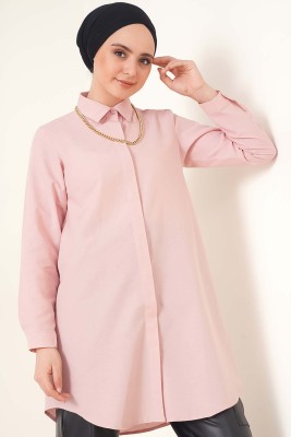 Pazarium - Klasik Yakalı Oval Kesim Gül Kurusu Gömlek