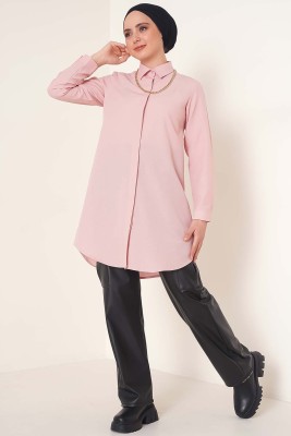 Klasik Yakalı Oval Kesim Gül Kurusu Gömlek - Thumbnail