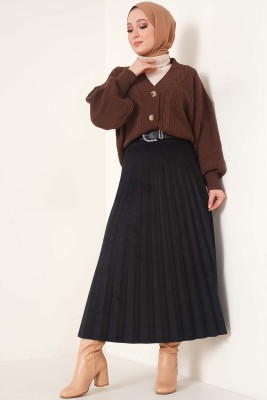 Piliseli Süet Etek Siyah - Thumbnail