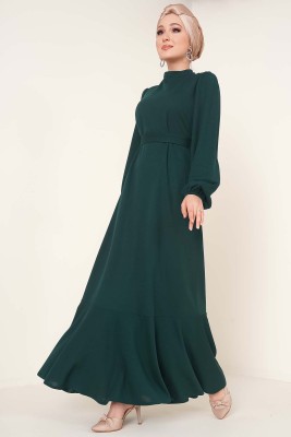 Etek Ucu Fırfırlı Elbise Zümrüt Yeşili - Thumbnail