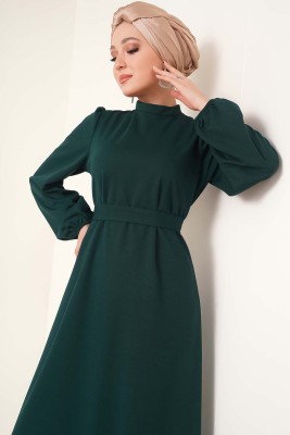 Etek Ucu Fırfırlı Elbise Zümrüt Yeşili - Thumbnail