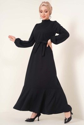 Etek Ucu Fırfırlı Elbise Siyah - Thumbnail