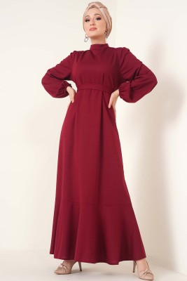 Etek Ucu Fırfırlı Elbise Bordo - Thumbnail