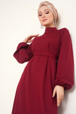 Etek Ucu Fırfırlı Elbise Bordo - Thumbnail