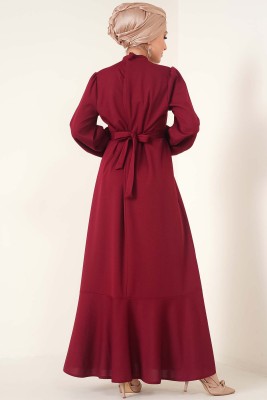 Etek Ucu Fırfırlı Elbise Bordo - Thumbnail