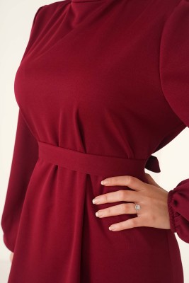 Etek Ucu Fırfırlı Elbise Bordo - Thumbnail