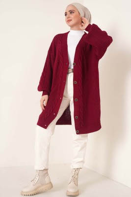Önden Düğmeli Örgü Hırka Bordo - Thumbnail