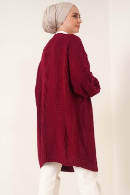 Önden Düğmeli Örgü Hırka Bordo - Thumbnail