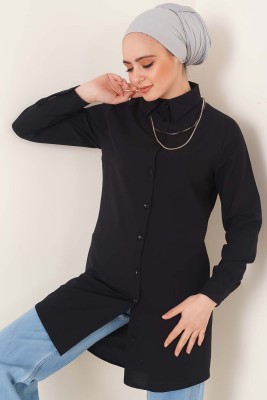 Klasik Yakalı Oval Kesim Siyah Gömlek - Thumbnail