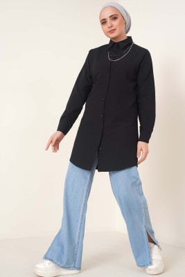 Klasik Yakalı Oval Kesim Siyah Gömlek - Thumbnail