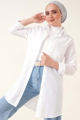 Pazarium - Klasik Yakalı Oval Kesim Beyaz Gömlek