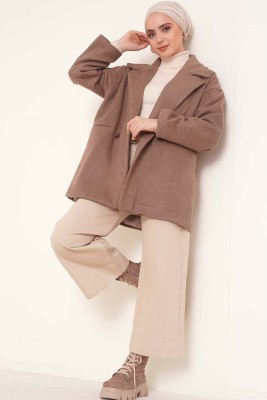 Kruvaze Yaka Kısa Kaşe Kaban Vizon - Thumbnail