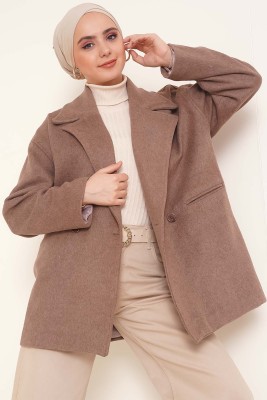 Kruvaze Yaka Kısa Kaşe Kaban Vizon - Thumbnail