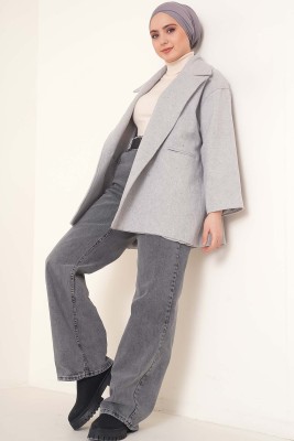 Kruvaze Yaka Kısa Kaşe Kaban Gri - Thumbnail