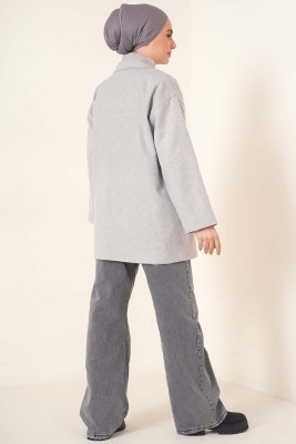 Kruvaze Yaka Kısa Kaşe Kaban Gri - Thumbnail