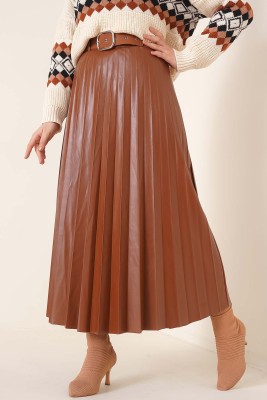 Piliseli Kemerli Taba Deri Etek - Thumbnail