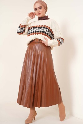 Piliseli Kemerli Taba Deri Etek - Thumbnail