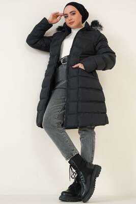 Çıkarılabilir Kapüşonlu Şişme Mont Siyah - Thumbnail