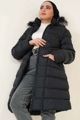 Çıkarılabilir Kapüşonlu Şişme Mont Siyah - Thumbnail