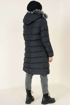 Çıkarılabilir Kapüşonlu Şişme Mont Siyah - Thumbnail