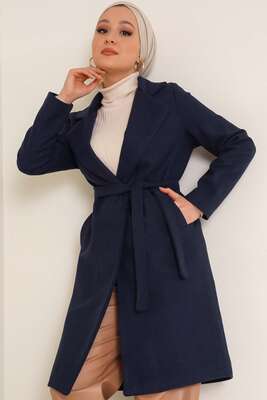 Kruvaze Yaka Kaşe Kaban Lacivert - Thumbnail