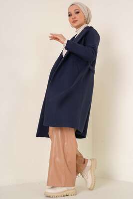 Kruvaze Yaka Kaşe Kaban Lacivert - Thumbnail