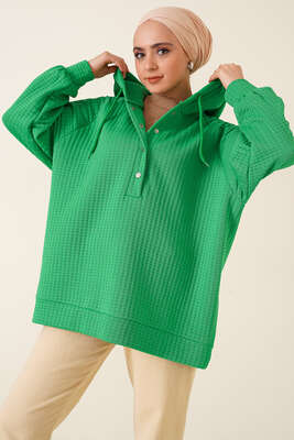 Kapüşonlu Waffle Kumaş Tunik Yeşil - Thumbnail