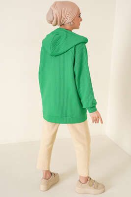 Kapüşonlu Waffle Kumaş Tunik Yeşil - Thumbnail