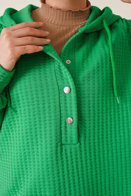 Kapüşonlu Waffle Kumaş Tunik Yeşil - Thumbnail