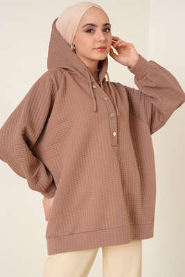 Kapüşonlu Waffle Kumaş Tunik Vizon - Thumbnail