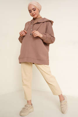 Kapüşonlu Waffle Kumaş Tunik Vizon - Thumbnail